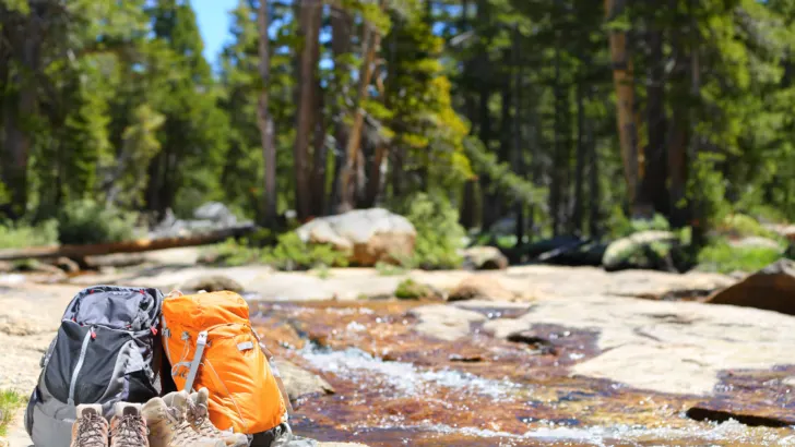 hiking boots and backpack